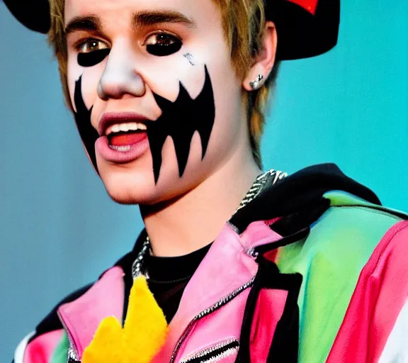 Image similar to color still shot of justin bieber lead singer performing in music group insane clown posse, face closeup, detailed