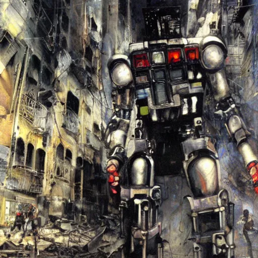 Image similar to a full-metal robot walks around the devastated downtown of Santiago of Chile, oil on canvas by Yoji Shinkawa and Dave McKean