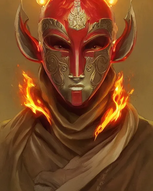 Image similar to happy mask salesman!! from zelda, full body photo, flames everywhere, highly detailed, digital painting, artstation, concept art, smooth, sharp focus, illustration, art by artgerm and greg rutkowski and alphonse mucha