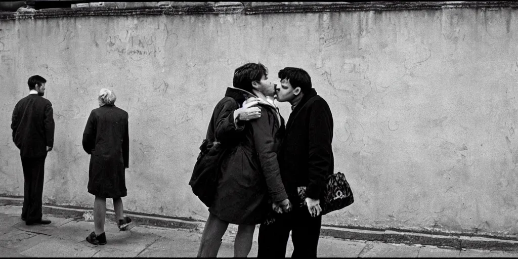 Image similar to street photo, couple of man and woman kiss on the background of the war, film photography, exposed b & w photography, christopher morris photography, bruce davidson photography, peter marlow photography