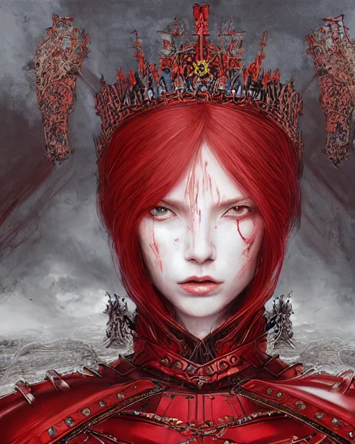 Image similar to redhead queen knight in red armor, inside an epic gothic castle, baroque, large crown, face with scars, intimidating, ominous, high fantasy, intricate detail, digital painting, artstation, concept art, smooth, sharp focus, illustration, art by yoshitaka amano and monia merlo and wlop