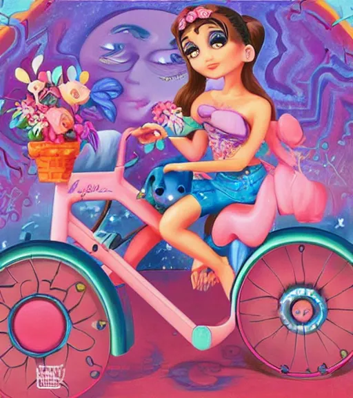 Prompt: Ariana Grande on a tricycle, lowbrow painting by Jeremiah Ketner and Hiroyuki Mitsume-Takahashi and Goro Fujita and Mark Ryden