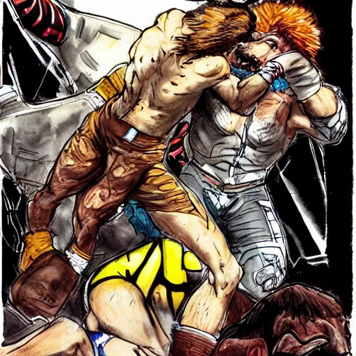 Prompt: one hero wrestling against a lion in the middle of an arena, crowd of people, pencil art, added detail, high definiton, colored, aerial view, blood, yoji shinkawa