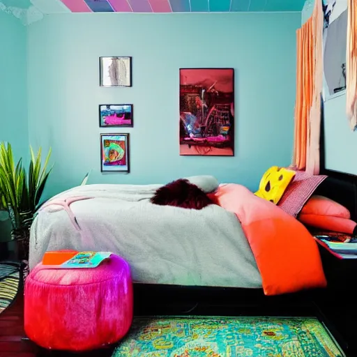 Prompt: hip bedroom of a millennial shot at night, high detail, neon lights, rug under bed, colorful art