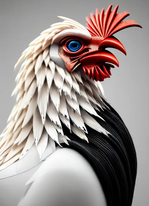 Image similar to hyper detailed ultra sharp portrait of a beautiful fashionable porcelain ivory cyberpunk scifi rooster, well contoured smooth colorful feathers, up close shot, sharp focus, global illumination, radiant light, black haute couture, alexandre ferra, irakli nadar, octane render, 4 k, ultra hd,