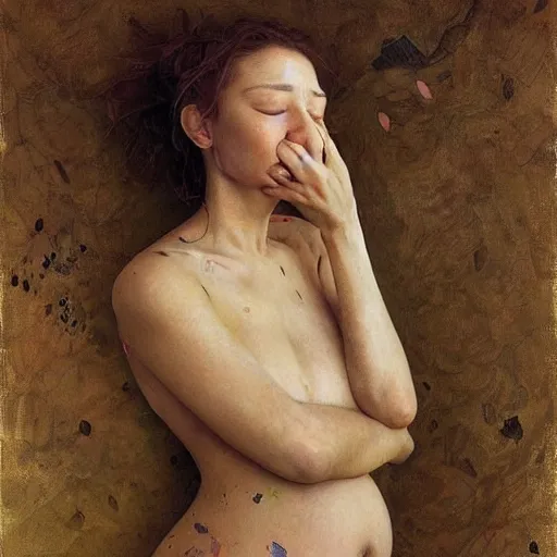 Image similar to epic masterpiece full body portrait a beautiful 7 months pregnant woman crying in shame, beautiful face and flawless skin, by Edgar Maxence and Ross Tran and Michael Whelan