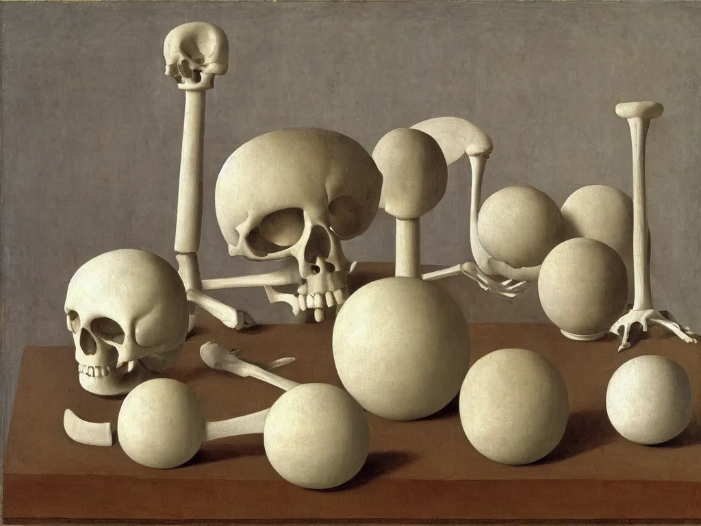 Prompt: Still life with Brancusi sculpted skeleton. Painting by Morandi, Piero della Francesca, Hammershoi.