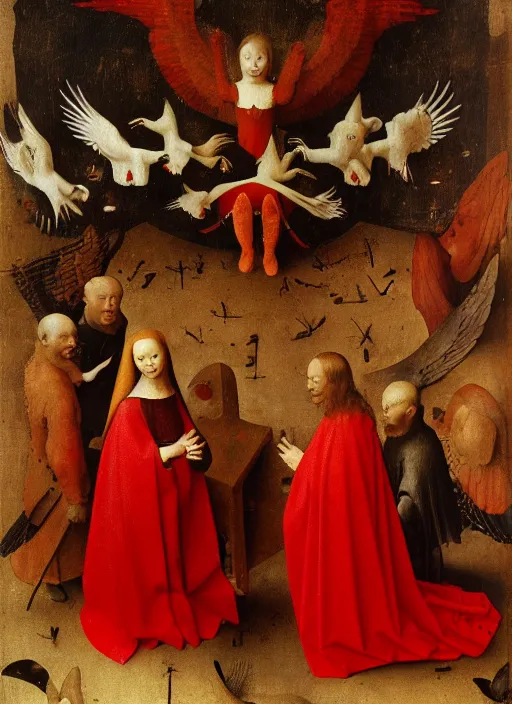 Image similar to fallen angels dressed in red with wings by Jan van Eyck, Hieronymus Bosch, Johannes Vermeer 4k post-processing, highly detailed medieval painting