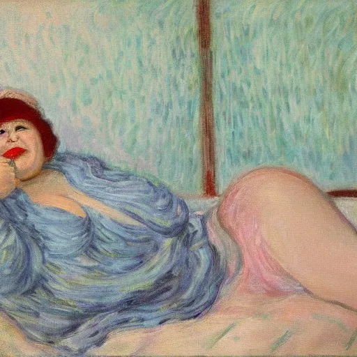 Prompt: a painting of a beautiful fat woman drinking coffee in a bed with white sheets in the style of Monet