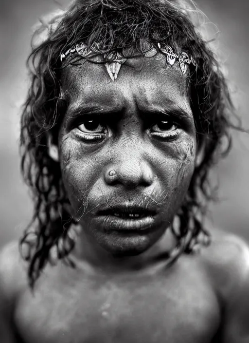 Image similar to Award winning Editorial photo of a Native Nauruans with incredible hair and beautiful hyper-detailed eyes wearing traditional garb by Lee Jeffries, 85mm ND 5, perfect lighting, gelatin silver process