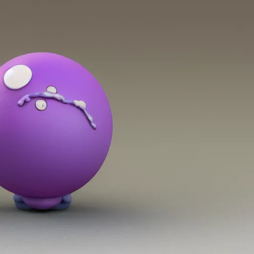 Image similar to photo of a comically tiny clay model of character with large spherical purple head and large childlike eyes with comically tiny body and spindly limbs leans close to the camera, fish eye lens, 4 k, hyper realistic, hyper detailed face, octane render, comedic, cute