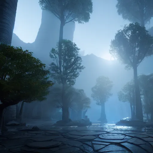 Prompt: inside a ethereal magical elven city, 8k, HDR, cinematic, volumetric lighting, unreal engine 5