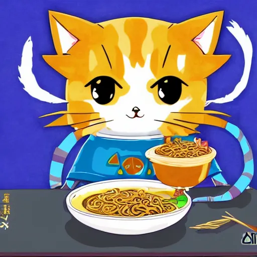 Prompt: Cute kawaii cat eating a bowl of ramen in The Legend of Zelda Breath of the Wild, toon shading, npr, portrait, no background