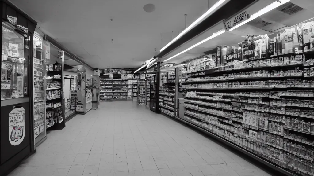 Prompt: empty convenience store, liminal space, moody lighting