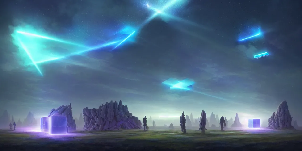 Prompt: a fleet of giant glowing futuristic cubes tied to each other with light beams in the sky, a fantasy magical landscape seen in the distance, atmospheric lighting, intricate, volumetric lighting, beautiful, sharp focus, ultra detailed, in the art style of marc simonetti, bowater charlie and brom gerald, astrophotography