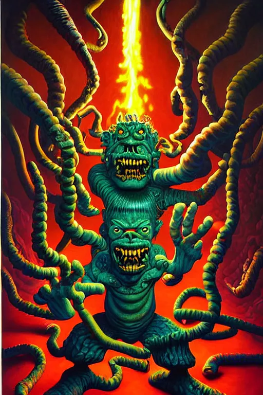 Image similar to a hyperrealistic painting of an epic boss fight against monster hey arnold!! ornate supreme dark overlord, cinematic horror by chris cunningham, lisa frank, richard corben, highly detailed, vivid color,