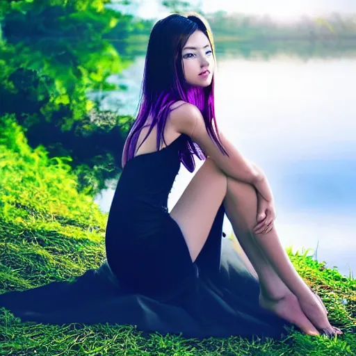 Image similar to elegant princess sitting by a lake, purple eyes, anime style, award winning art