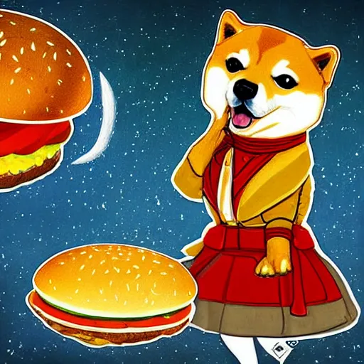 Image similar to a fortune-telling shiba inu reading your fate in a giant hamburger, digital art