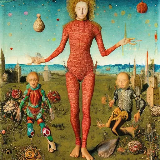 Image similar to a wide landscape with a tattood alien girl with fish scales and feathers swimming with flowers while the stars shine above by jan van eyck, ernst fuchs, nicholas kalmakoff, joep hommerson, character, full body, catsuit, max ernst, hans holbein, lace