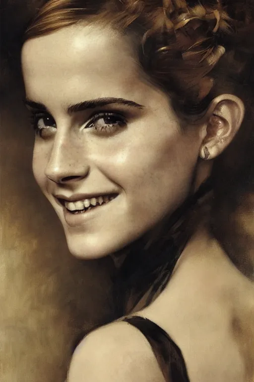 Prompt: emma watson smiling squniting detailed portrait painting by gaston bussiere craig mullins j. c. leyendecker photograph by richard avedon peter lindbergh