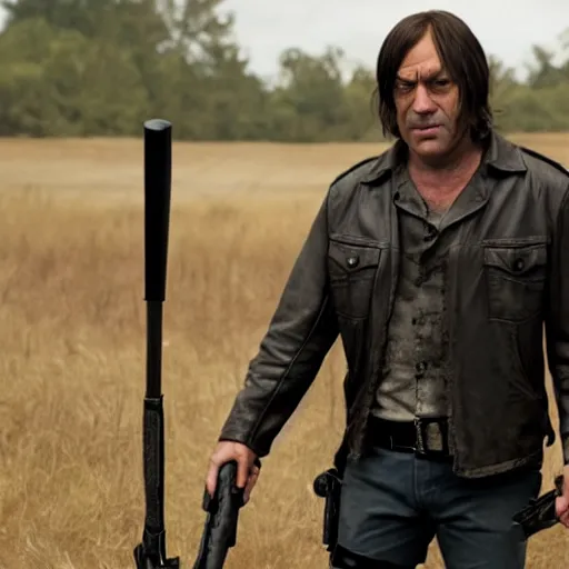 Image similar to cinematic still from the walking dead tv show with negan played by anton chigurh, anton is smirking and holding baseball bat, dark