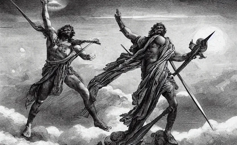 Image similar to the great greek warrior with a spear piercing the edge of the universe from the book of the long sun by gene wolfe, by gustave dore