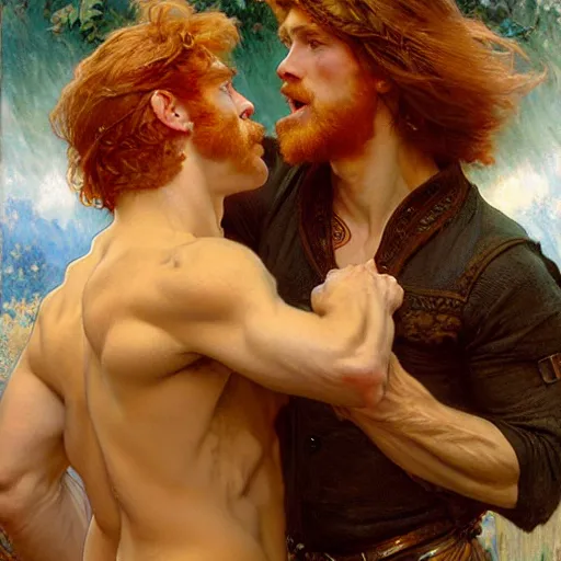 Image similar to attractive muscular ginger hair mike and muscular attractive brunet hair ty, drinking their hearts out, boys night out. highly detailed painting by gaston bussiere, craig mullins, j. c. leyendecker, alphonse mucha 8 k