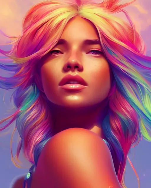 Image similar to summer vibes, beautiful sun tanned goddess portrait, flowy rainbow hair, sun, summer, cinematic lighting, highly detailed, digital painting, trending on artstation, pixiv, concept art, sharp focus, illustration, art by ross tran and wlop