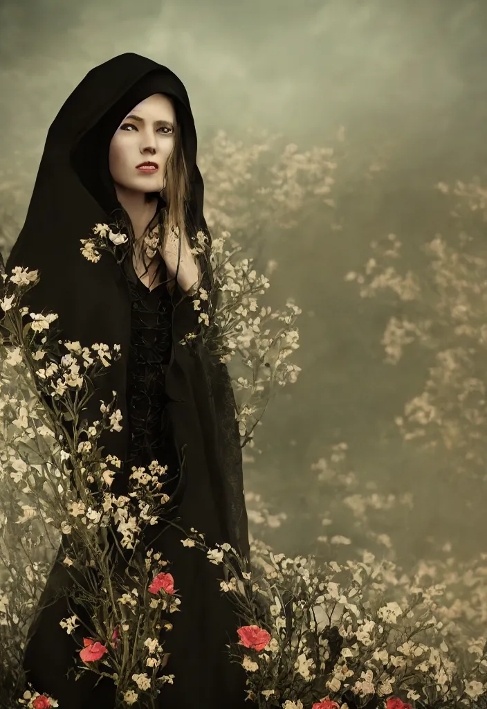 Image similar to a portrait of a beautiful woman wearing a black cloak with flowers and skulls in a romantic style, extremely realistic and highly detailed 8 k, sharp focus, octane render, dramatic volumetric lighting and extremely realistic faces