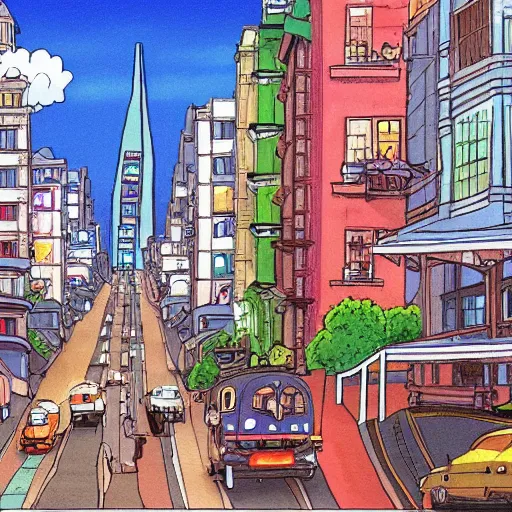 Image similar to San Francisco drawn in the style of Studio Ghibli, digital illustration, trending on artstation.