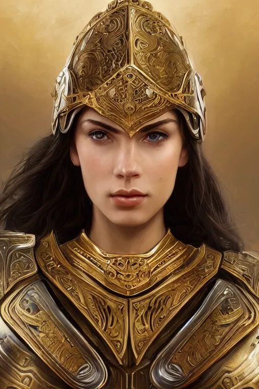 Image similar to attractive young female wearing an ornate metallic helmet, clothed in battle armor, olive skin, long dark hair, beautiful bone structure, symmetrical facial features, intricate, elegant, highly detailed, digital painting, trending on Artstation, concept art, smooth, sharp focus, illustration, art by artgerm and greg rutkowski and alphonse mucha