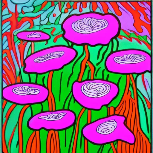 Image similar to neon, overcast balmy by jim woodring. a land art of a group of anemones in a vase