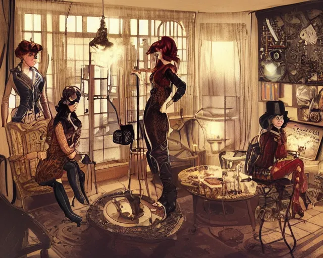 Image similar to women in the interior of a steampunk apartment, Milo Manara, night time, Margot Robbie, Scarlett Johanson, zoey Deschannel, smoking cigarettes, playing board games, highly detailed, Tarantino movie posters, melancholy, level design, concept art, artstation, cgsociety, zenith view H- 350