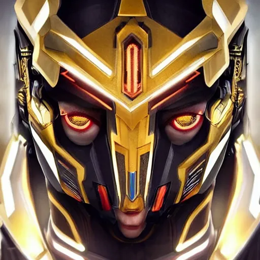 Prompt: symmetry!! a female transformer with golden paint, glowing eyes!! very symmetrical face, highly detailed, by vitaly bulgarov, by steven zavala, by matt tkocz, by shane baxley, transformers cinematic universe, pinterest, deviantart artstation _ h 7 5 0