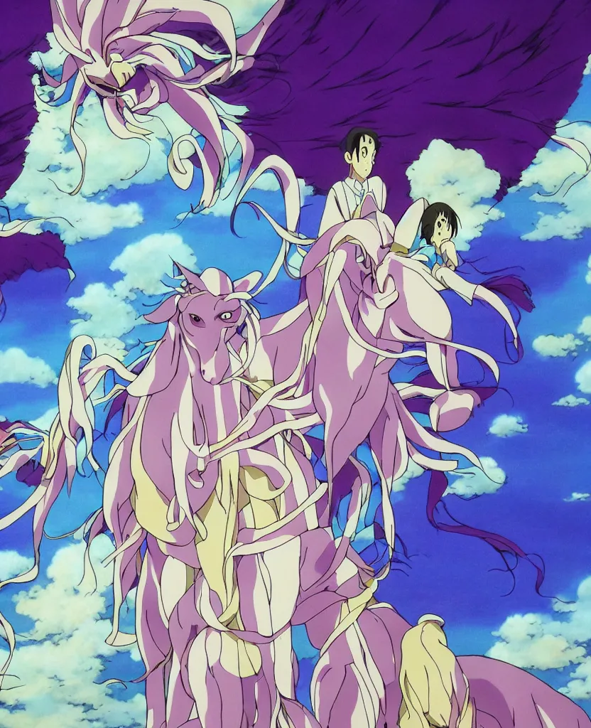 Prompt: beautiful painting from the anime film by studio ghibli, purple dogs twisted and twirling, cell shading, manga