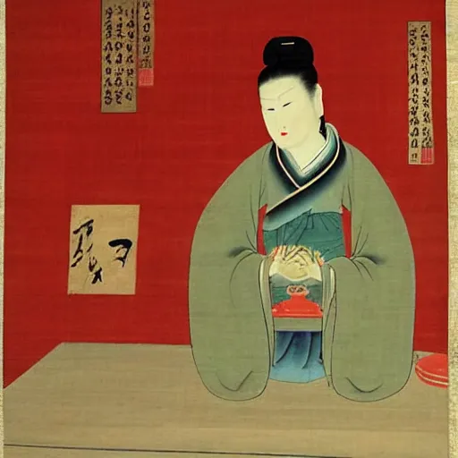 Prompt: the Chinese ancient painting of a lady and her desktop in Tang Dynasty , by Han Xizai
