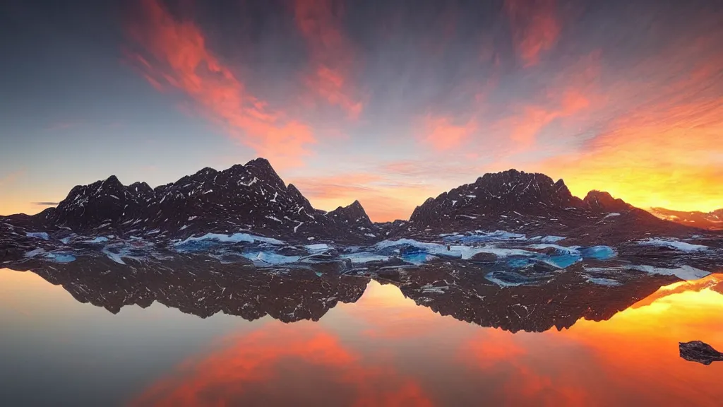 Image similar to amazing landscape photo of greenland in sunset by marc adamus, beautiful dramatic lighting