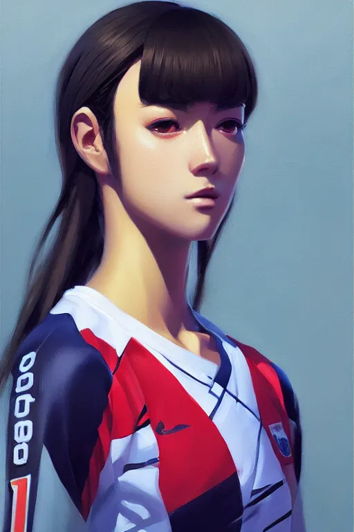 Prompt: A ultradetailed beautiful portrait panting of a stylish woman wearing a volleyball jersey, Oil painting, by Ilya Kuvshinov, Greg Rutkowski and Makoto Shinkai