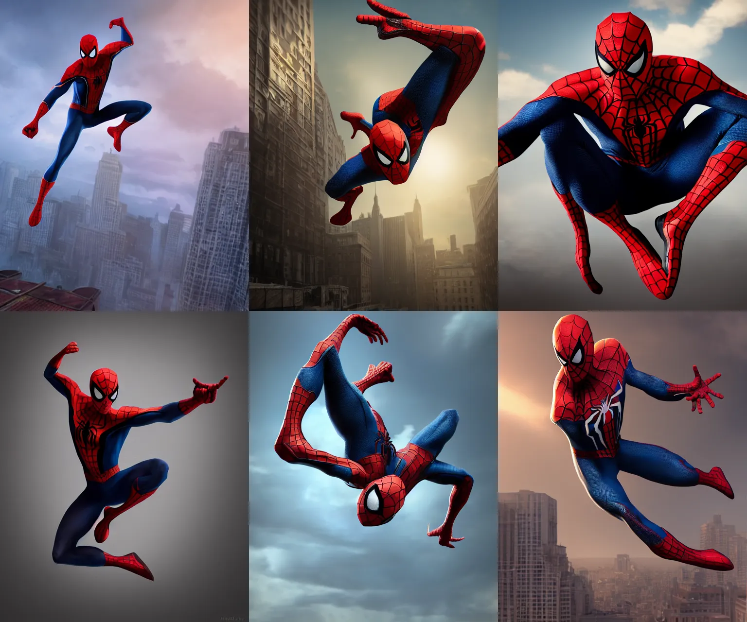 Prompt: matte painting character portrait of spider man swinging through the air doing an action pose, digital illustration, concept art, digital painting, illustration, amazing value control, 8 k, realistic colors, muted colors, dramatic lighting, ultra detailed, minimal artifacts, unreal engine 5, cinematic camera, symmetrical face details, realistic face details, realistic eyes, octane render