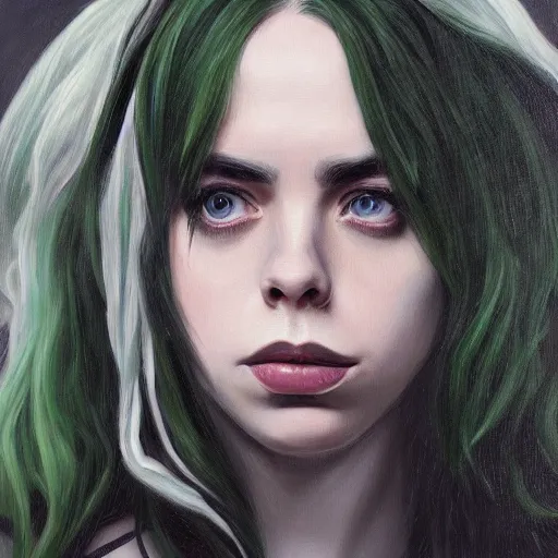 Prompt: Billie Eilish as female loki, oil on canvas, noir, trending on artstation, by Shigeru Miyamoto