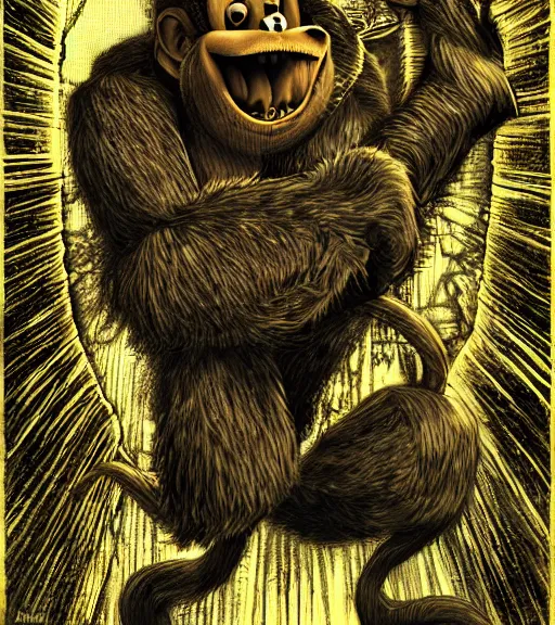 Image similar to lovecraftian donkey kong by wayne barlow, stanley donwood, anton semenov, zdzislaw bekinski, hr giger, 8 k, fantasy, dark, highly detailed