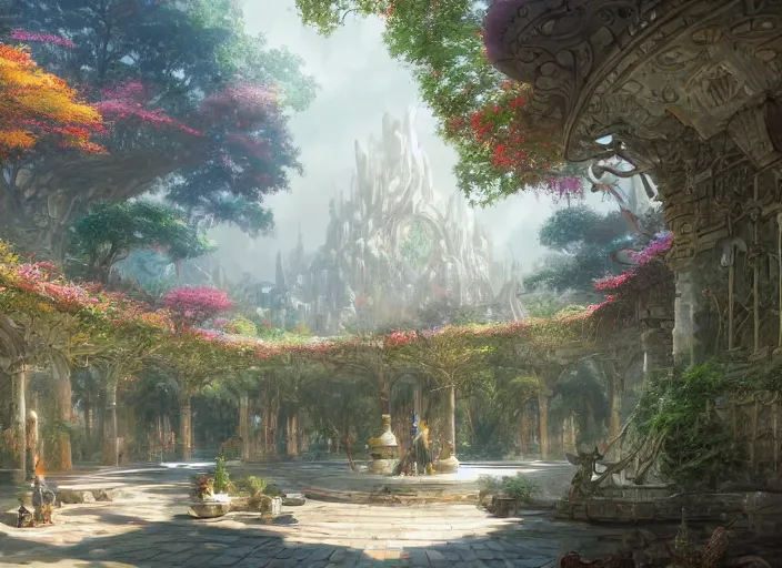 Prompt: A wide open courtyard in a beautiful, colorful elven city made of ivory, anime, lush trees, fountain, a fantasy digital painting by Greg Rutkowski and James Gurney, trending on Artstation, highly detailed