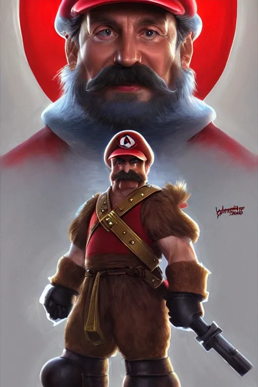 Image similar to vladimir putin as mario from super mario bros, armor plate, realistic portrait, symmetrical, highly detailed, digital painting, artstation, concept art, smooth, sharp focus, illustration, cinematic lighting, art by artgerm and greg rutkowski and alphonse mucha