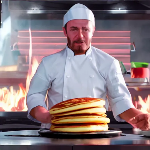 Prompt: master chief wearing a chef hat cooking a stack of pancakes hyper real, 8k, colorful, 3D cinematic