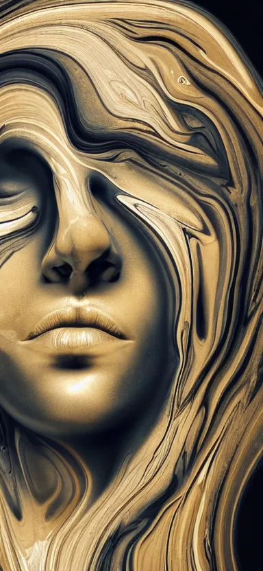 Image similar to epic, abstract sculpture of beautiful female face and black swirling marbling liquifying acrylic portrait, fluffy clouds, golden hour, beautiful light, 3 d sculpture of carving marble, dark colors, dark mood, one point lightning