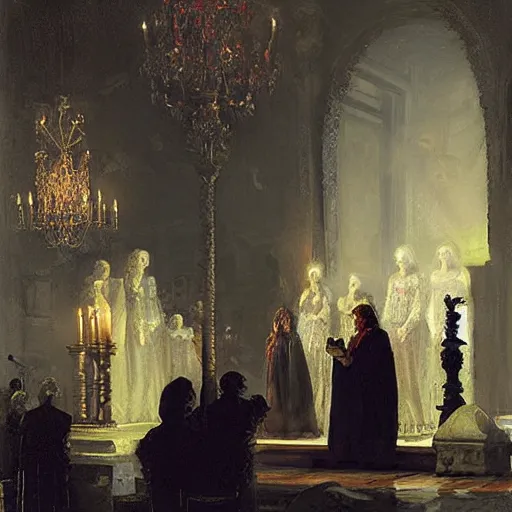 Image similar to baroque vampire ceremony, in the style of Ilya Repin, volumetric light, dramatic lighting, smoky