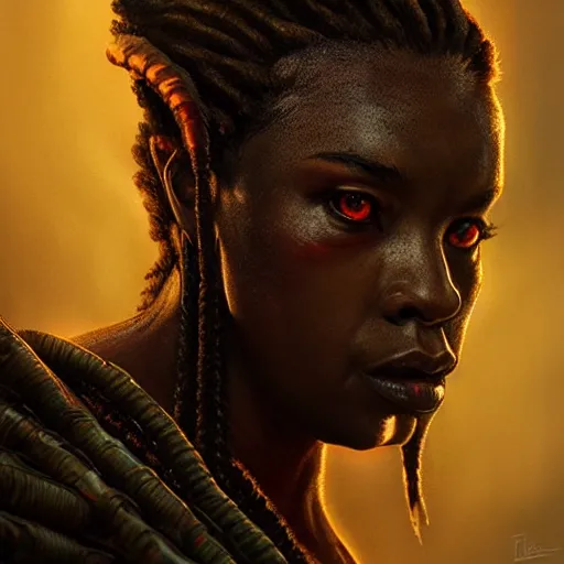 Prompt: menacing female predator from the predator movies portrait, atmospheric lighting, painted, intricate, volumetric lighting, beautiful, rich deep colors masterpiece, golden hour, sharp focus, ultra detailed, by Leesha Hannigan, Ross Tran, Thierry Doizon, Kai Carpenter, Ignacio Fernández Ríos