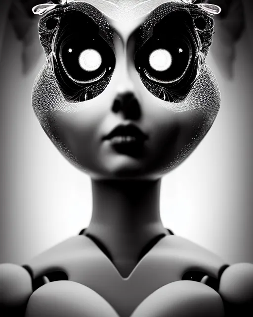 Image similar to surreal mythical dreamy dark artistic black and white fine art 3 / 4 fashion portrait photo of a young beautiful delicate female robot - owl with orchid - doll face, rim light, cinematic, studio dramatic light, poetic, masterpiece, octane render, 8 k, photo - realistic by gustave dore hg giger and man ray