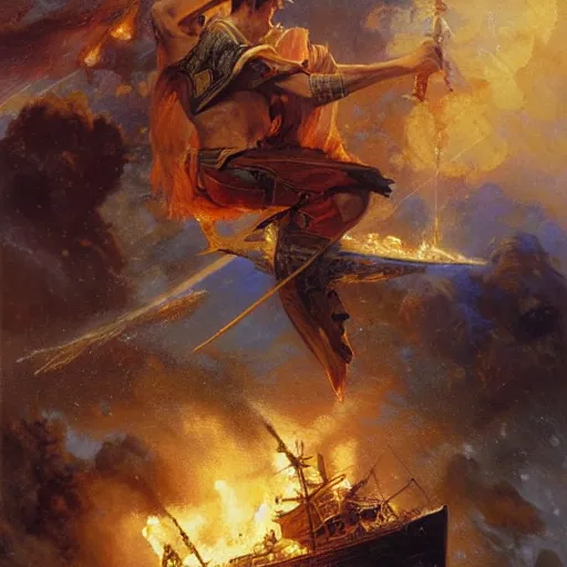 Image similar to stunning male master wizard destroying a war ship by his fire spell, highly detailed painting by gaston bussiere, craig mullins, j. c. leyendecker, 8 k