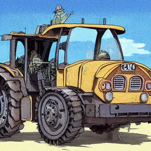 Prompt: heavily armored tractor with weapons by studio ghibli